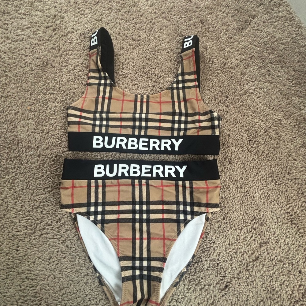 Burberry Beige Plaid Bikini with Black Logo Bands